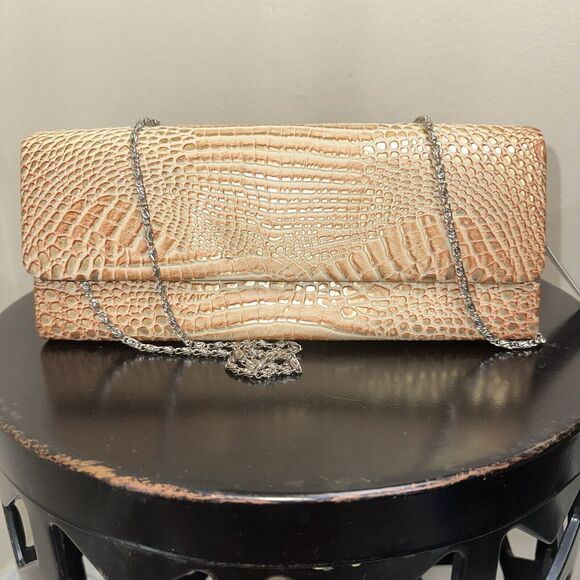 NWT Expressions NYC Faux Crocodile Print Shoulder Clutch Beige Tan Metallic Gold - Picture 6 of 6
